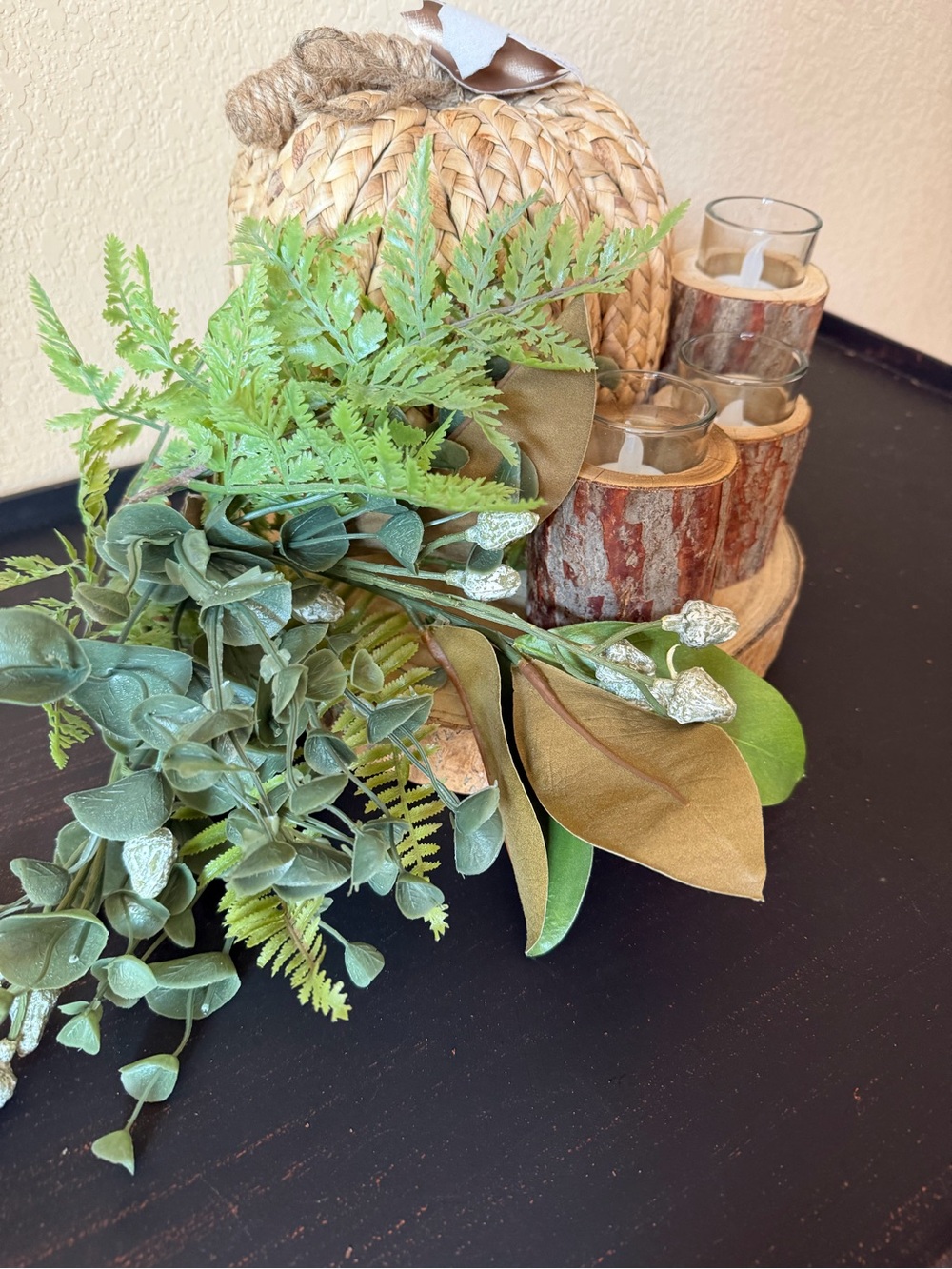 Rustic Lodge Cabin Wood Bark Votive Candle Holders & Pumpkin Fall Centerpiece - Picture 16 of 16